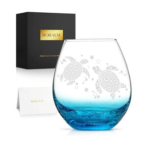 Sea Turtle Stemless Crystal Wine Glass-Whiskey Tumbler 16oz Blue Crackle Design